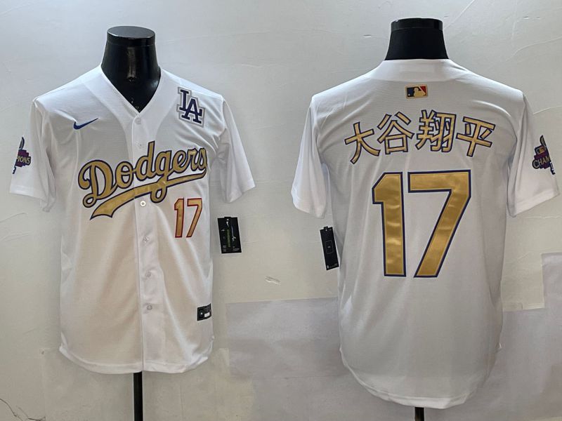 Men Los Angeles Dodgers #17 Ohtani White Champion gold character 2025 Nike MLB Jersey style 10->los angeles dodgers->MLB Jersey